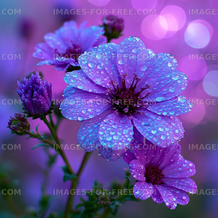 Purple flowers with water drops in soft light