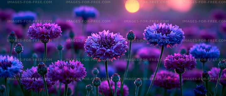 Vibrant flowers bloom in a field at sunset