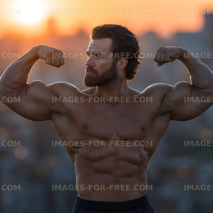 Muscular man flexing his arms at sunset on a rooftop
