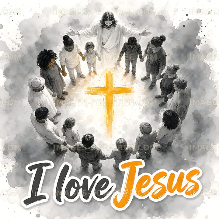Group of people gathered around a figure with a cross