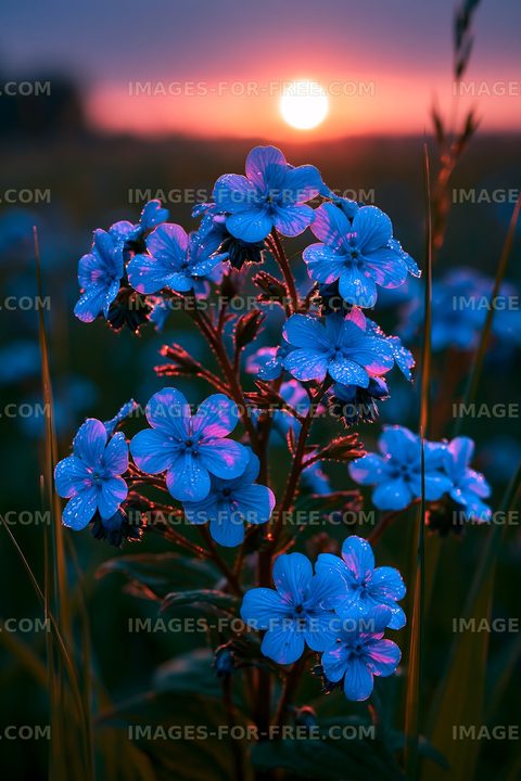 Flowers in sunset light with dew drops