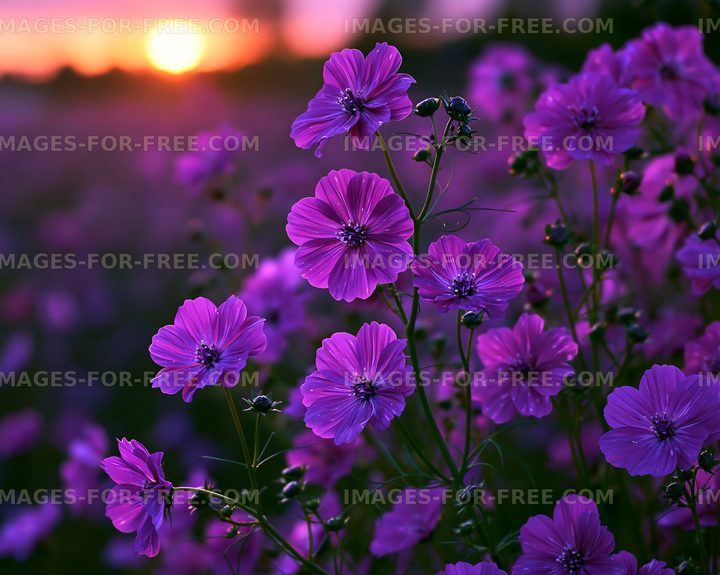 Purple flowers blooming at sunset in a field
