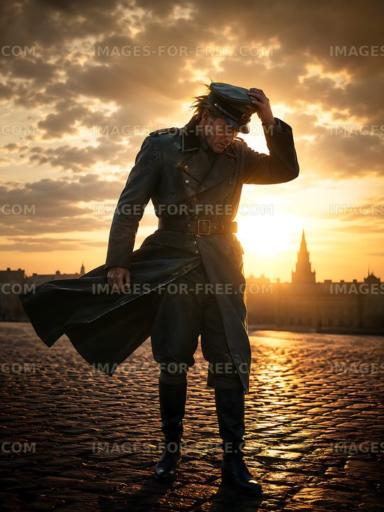 Man in military coat adjusting cap at sunset