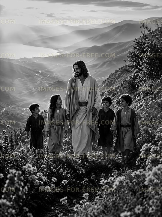 Jesus walking with children on a mountain path