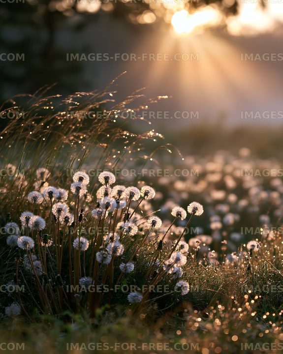 Sunlight shines on dandelion flowers in early morning