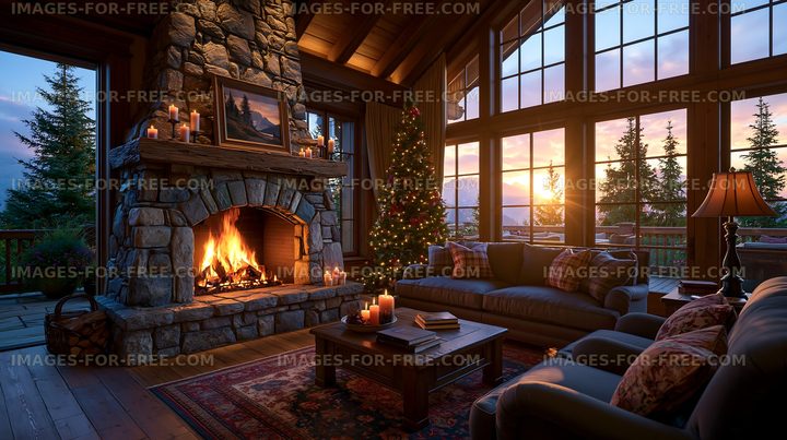 Cozy living room with fireplace and Christmas tree at sunset