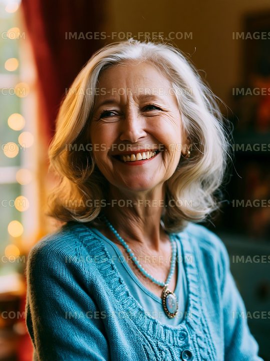 Smiling woman with gray hair in cozy indoor setting