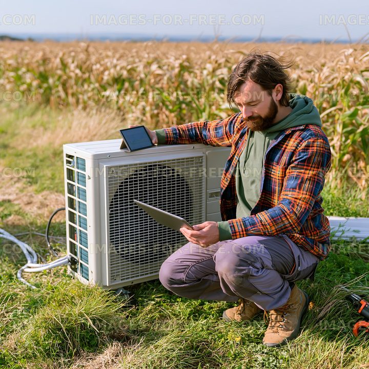 Man working on air conditioning unit in cornfield