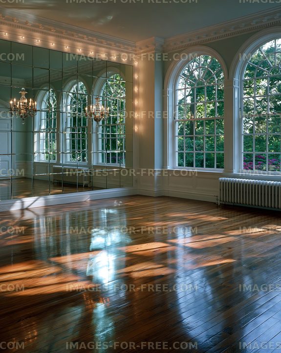 Bright room with large windows and mirror wall