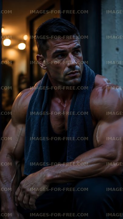 Muscular man resting after workout in urban setting