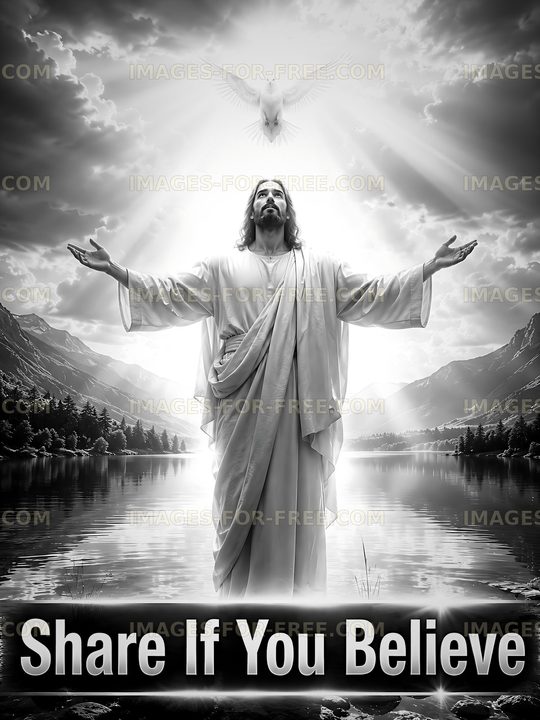 Jesus with open arms near tranquil lake and mountains