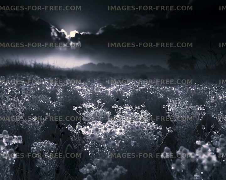Misty field with flowers under a dark sky at sunset