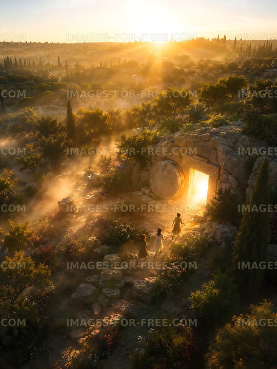 Group walks towards ancient stone doorway at sunrise
