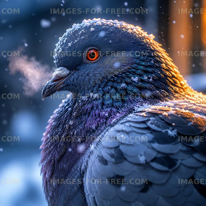 Pigeon with frost on feathers in a snowy environment