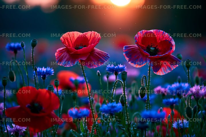 Poppies and cornflowers at sunset with warm light