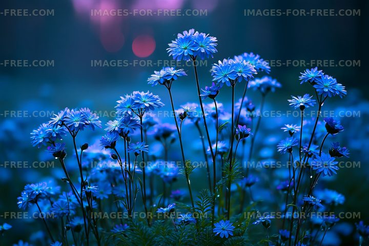 Blooming blue flowers in a dimly lit meadow at dusk