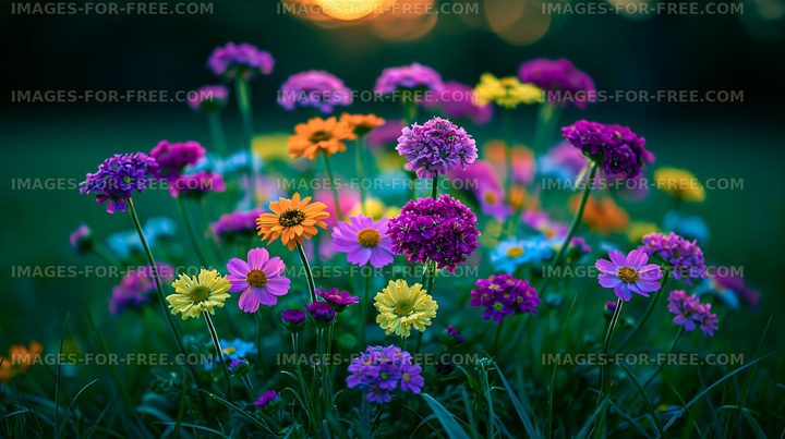 Colorful flowers blooming in a garden during sunset