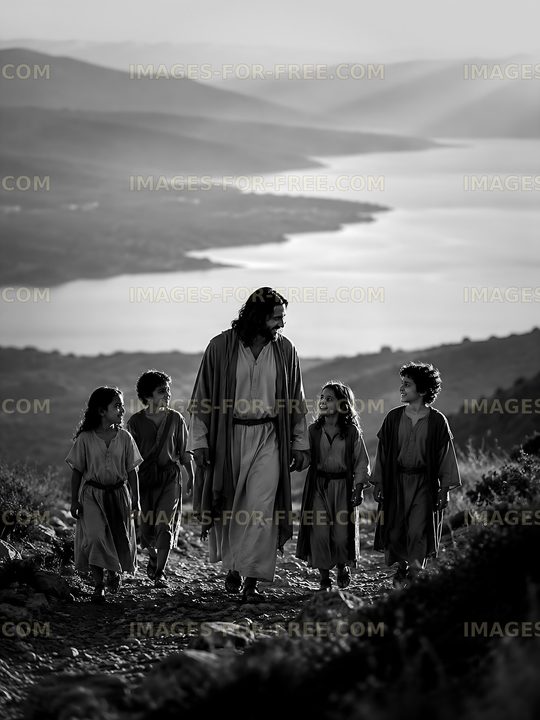 Walking along the river with children in a scenic landscape