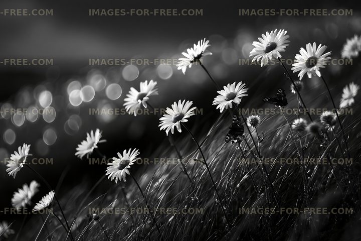 Daisies growing in a field with butterflies in black and white