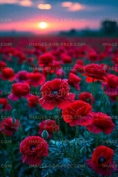 Red poppy flowers in a field during sunset