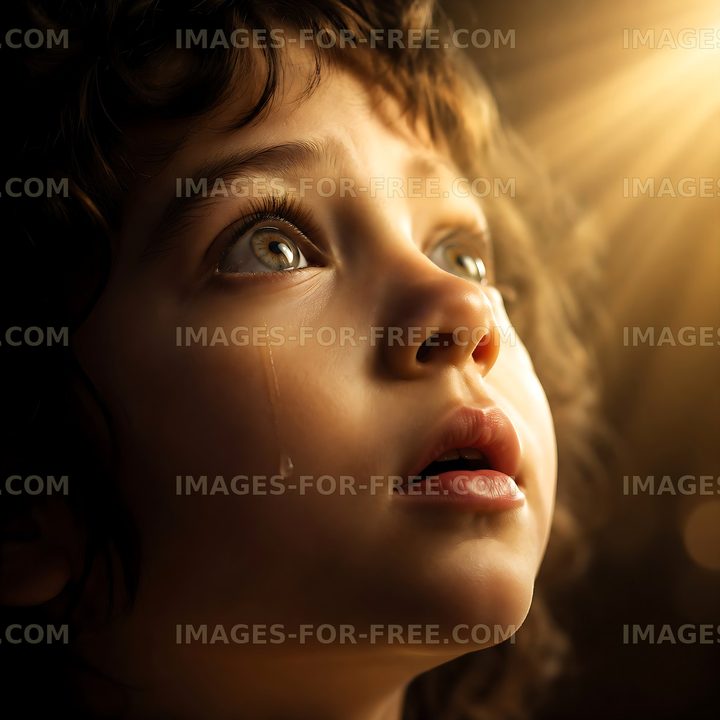 Child looking up with tear in eye, light shining down