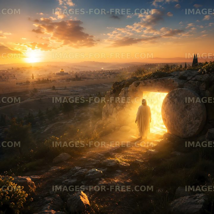 Walking out of the tomb at sunrise in a historical landscape
