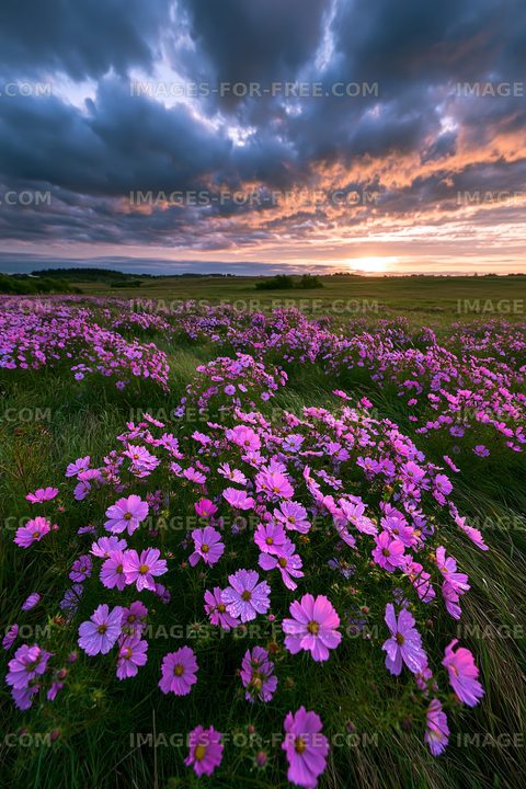 Vibrant field of pink flowers at sunset near the countryside
