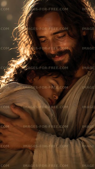 Embrace between a man and a child in soft light