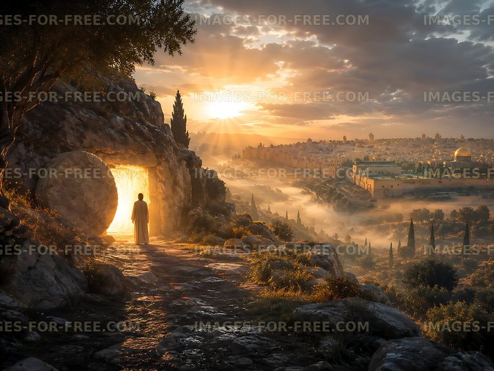 Sunrise over a stone doorway in a mountainous landscape