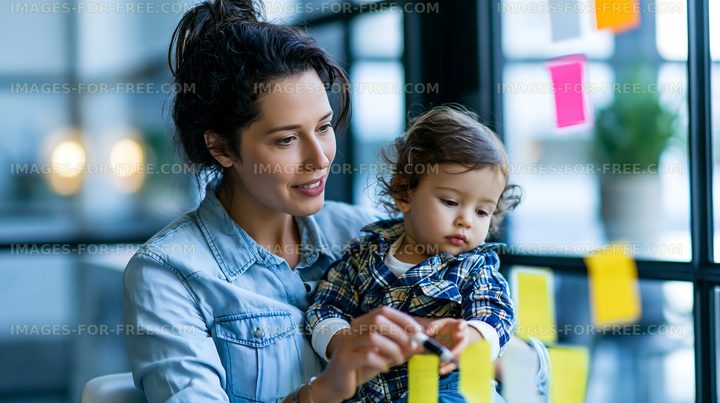 Mother and child engaged in creative activity at a workspace
