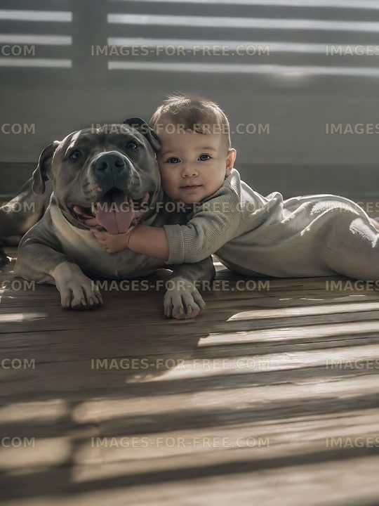 Baby hugs dog on wooden floor in sunlit room