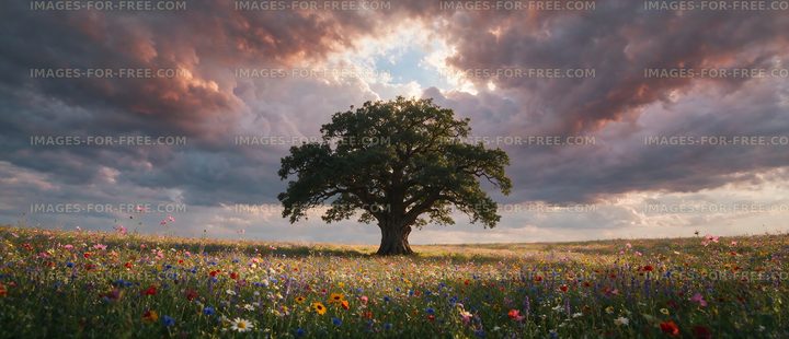 Large tree surrounded by flowers under cloudy sky