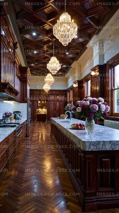 Elegant kitchen with wooden cabinets and chandeliers