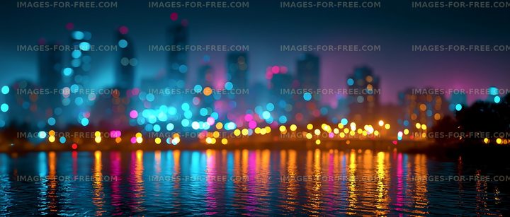 City skyline at night with colorful lights reflecting on water