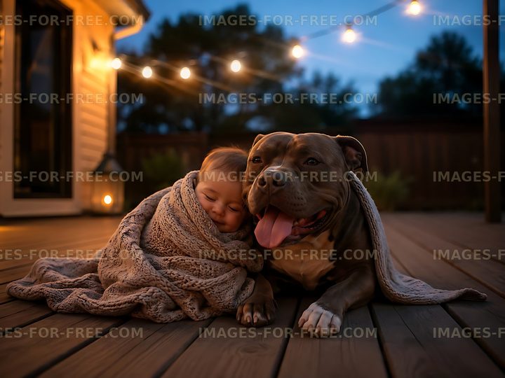 Child and dog wrapped in blankets on a wooden deck at twilight