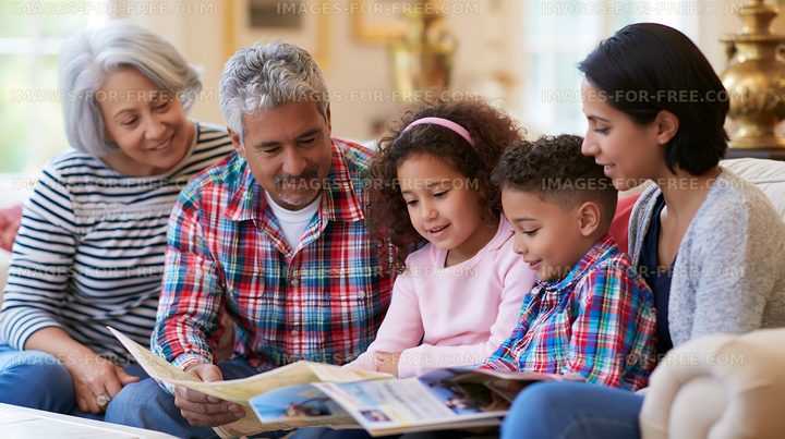 A family gathers in a well-lit living room to share stories
