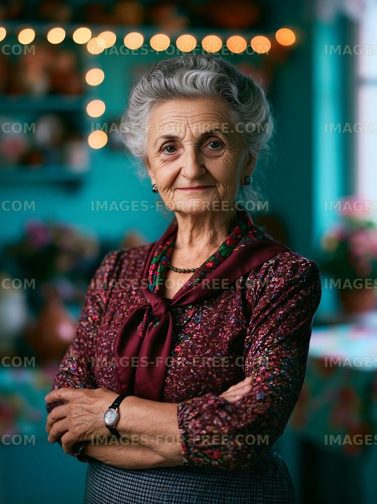 Elderly woman in a bright room with flowers in the background