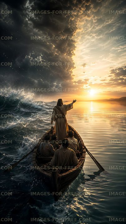 Man standing in boat during storm at sunset