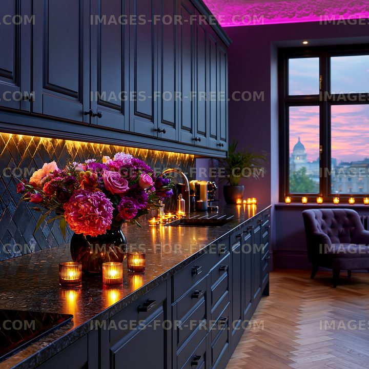 Modern kitchen with floral centerpiece and evening lighting