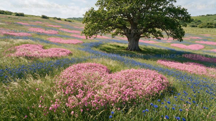 Heart-shaped flower patches in a field under a tree