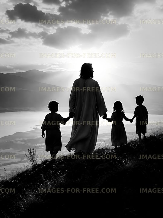 Figures walking on a hill with a scenic background