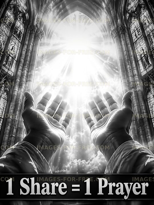 Hands reaching toward light in a stained glass setting