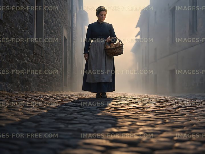 Woman walking with basket on cobblestone street at dawn