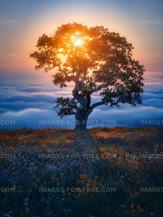 Sunrise over a tree on a foggy landscape