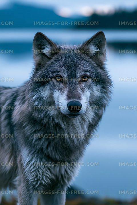 Wolf standing near a lake in a natural setting during dusk