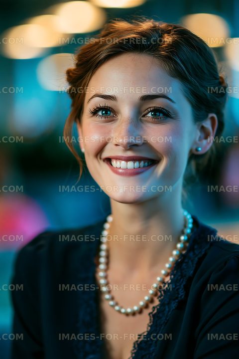 Smiling woman with pearls in a social setting