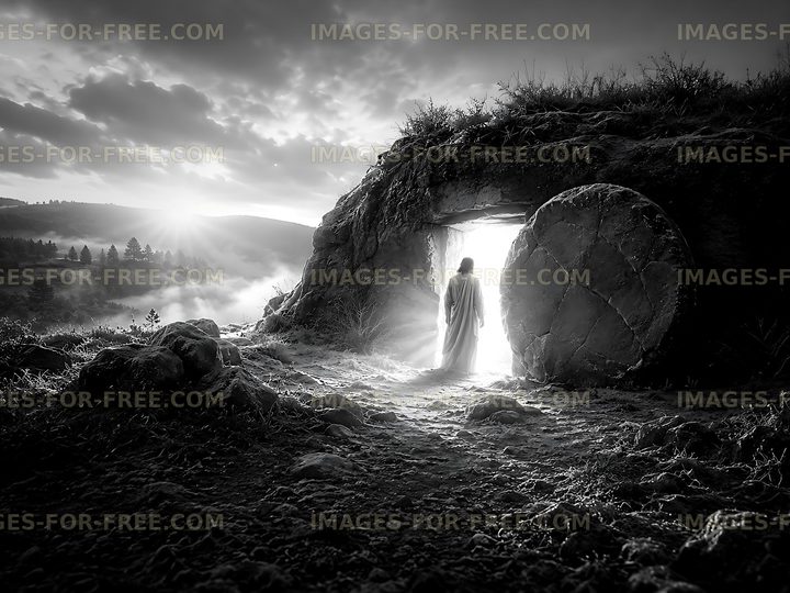 Figure emerging from a cave at dawn