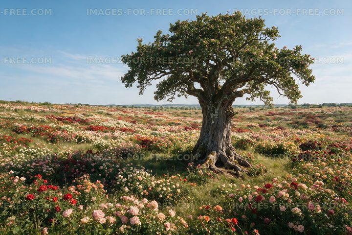 Tree in flower-filled landscape on sunny day