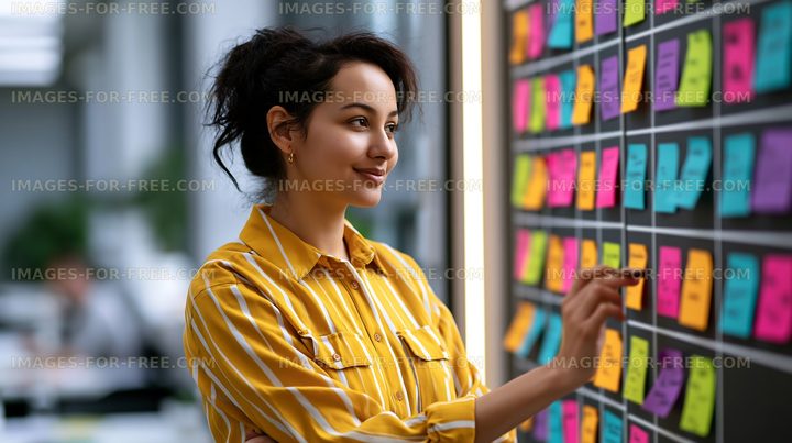 Woman writing on sticky notes in an office