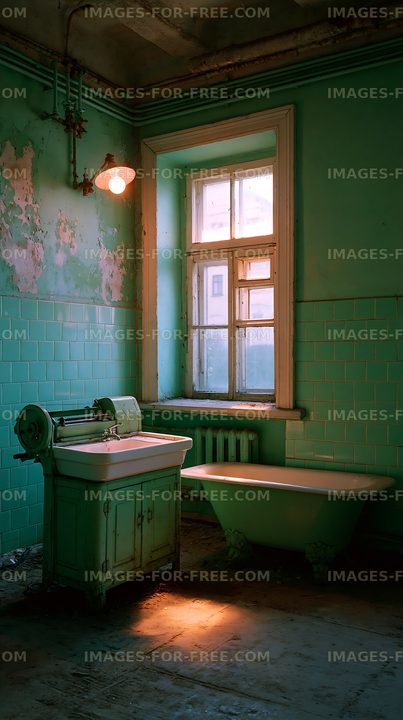 Old bathroom with vintage fixtures under soft light